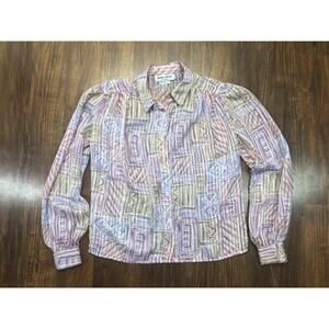 Vintage Anna Kriste Blouse Sz 6P Pastel Geometric Striped Silky Semi Sheer Retro